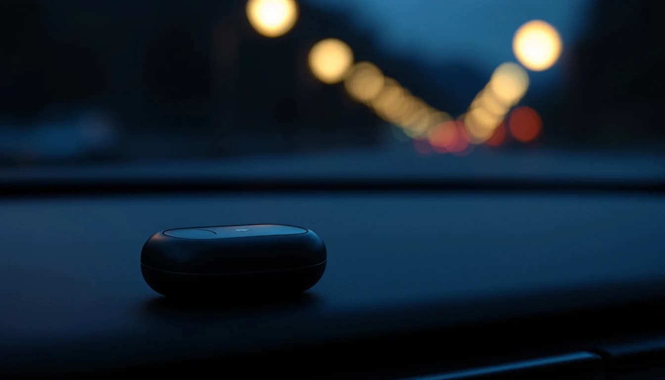 Llave inteligente negra sobre el tablero de un carro al anochecer con luces borrosas de la ciudad al fondo