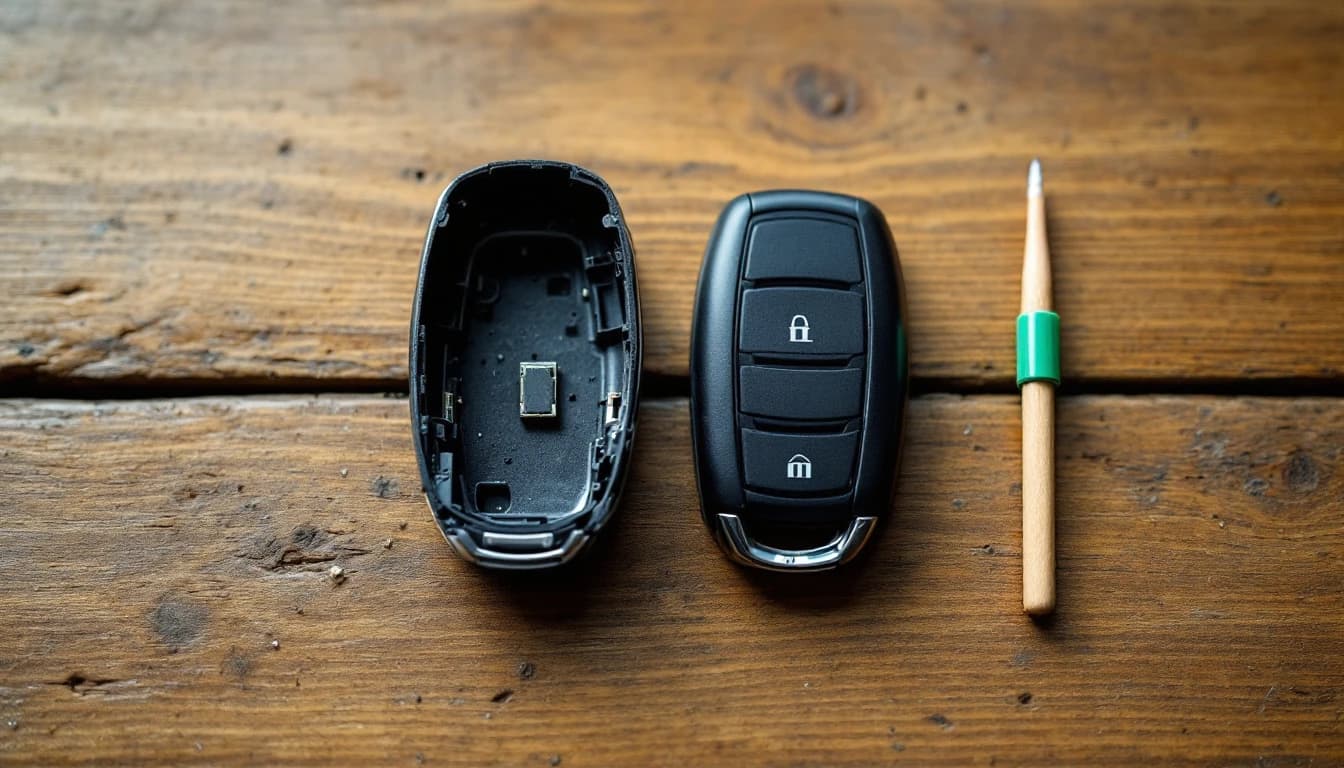 Carcasa de llave de carro abierta con una pequeña pieza electrónica dentro, junto a una llave completa y un palillo sobre una mesa de madera