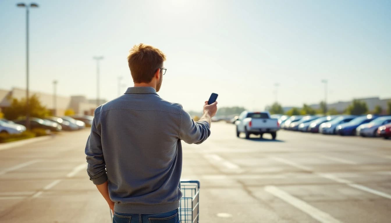 Hombre en un estacionamiento grande de Dallas con el brazo extendido hacia una camioneta blanca a lo lejos con un carrito de compras al lado