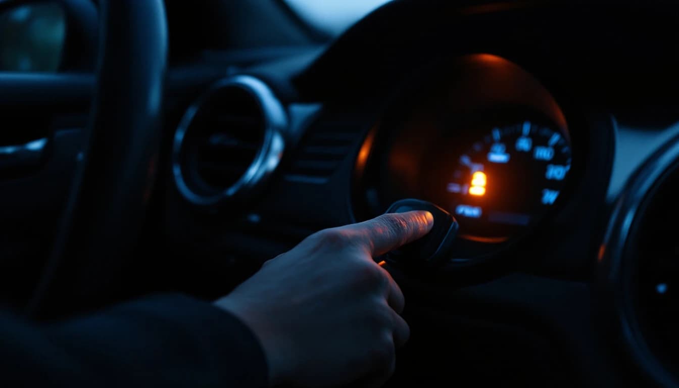 Conductor sostiene una llave de carro recién duplicada frente al tablero encendido de un vehículo que no arranca, en un estacionamiento de Dallas, Texas