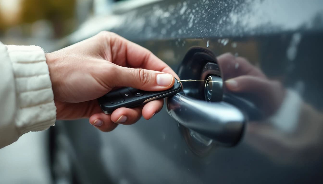 Mano que acerca la hoja metálica de emergencia de un control a la cerradura de la manija de un coche mojado por la lluvia