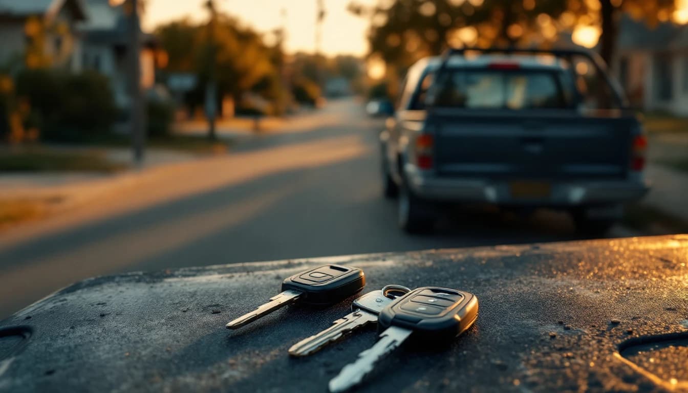Llave de espada con chip y fob de acceso inteligente de una camioneta Ford sobre la caja de la troca en una calle de Oak Cliff, Dallas