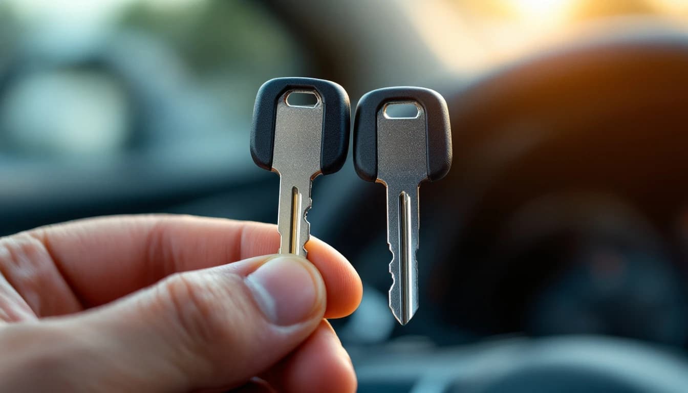 Dos llaves de carro casi idénticas sostenidas una junto a la otra para comparar su corte, con el volante desenfocado al fondo