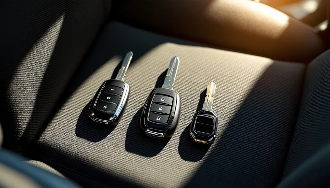 Tres llaves de repuesto de un sedán compacto sobre el asiento del copiloto bajo la luz de la tarde en Mesquite