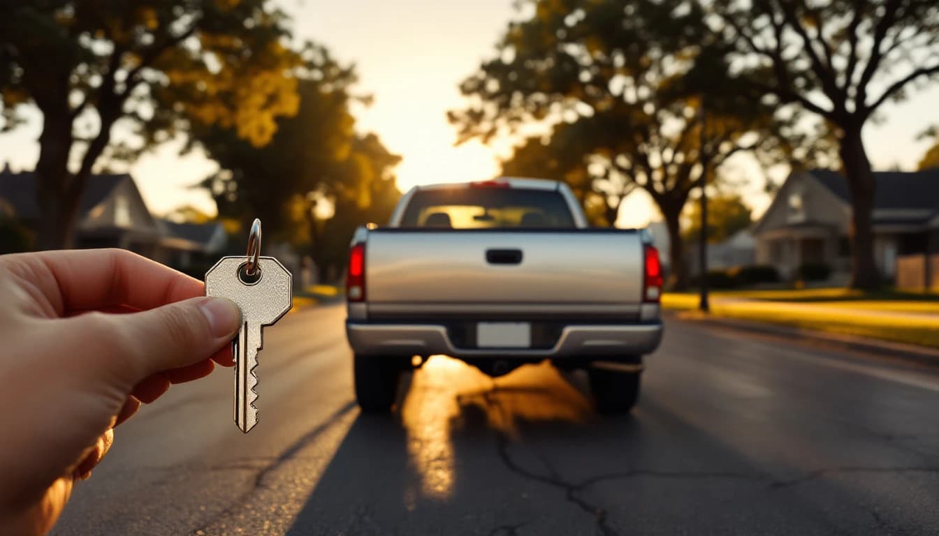 Mano que sostiene una llave metálica frente a una camioneta pickup plateada estacionada en una calle arbolada al atardecer