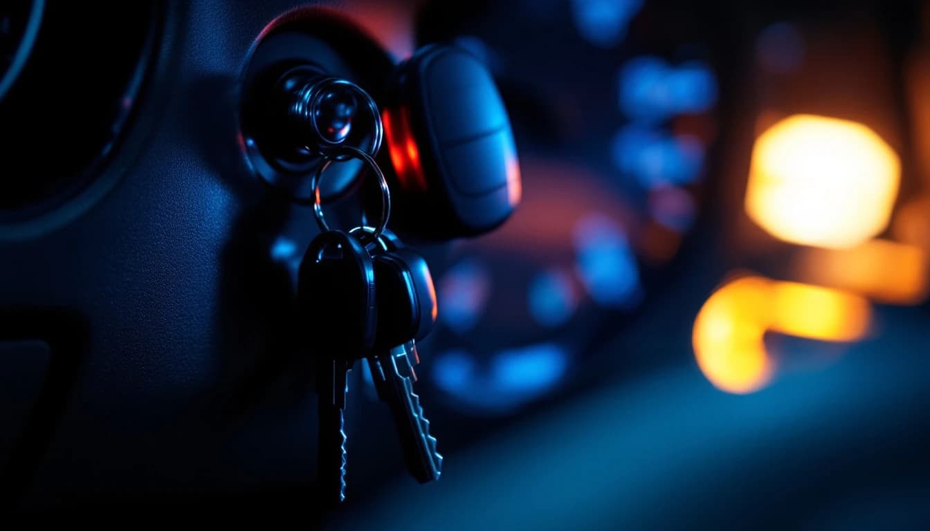 Llavero con dos llaves de carro con chip colgando del switch de encendido de un tablero de noche