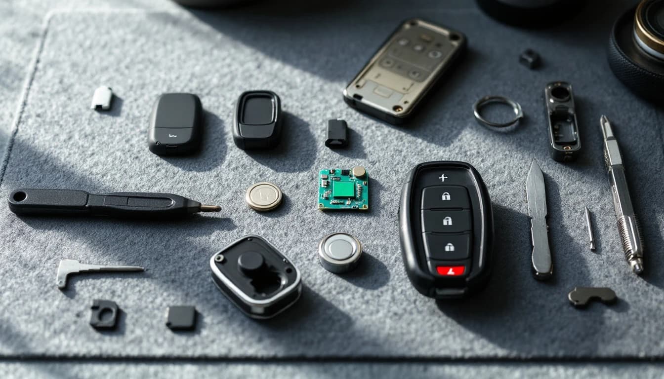 Control de carro desarmado sobre un tapete de trabajo: carcasa, tarjeta electrónica, pila de botón y hoja metálica separadas