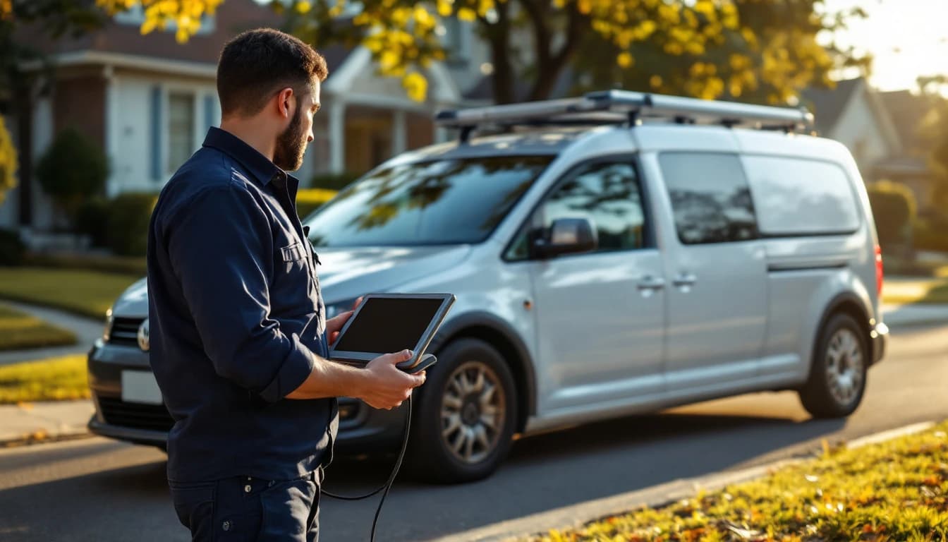 Cerrajero automotriz móvil trabaja con equipo de diagnóstico en la puerta abierta de un sedán estacionado en una calle de Dallas, Texas