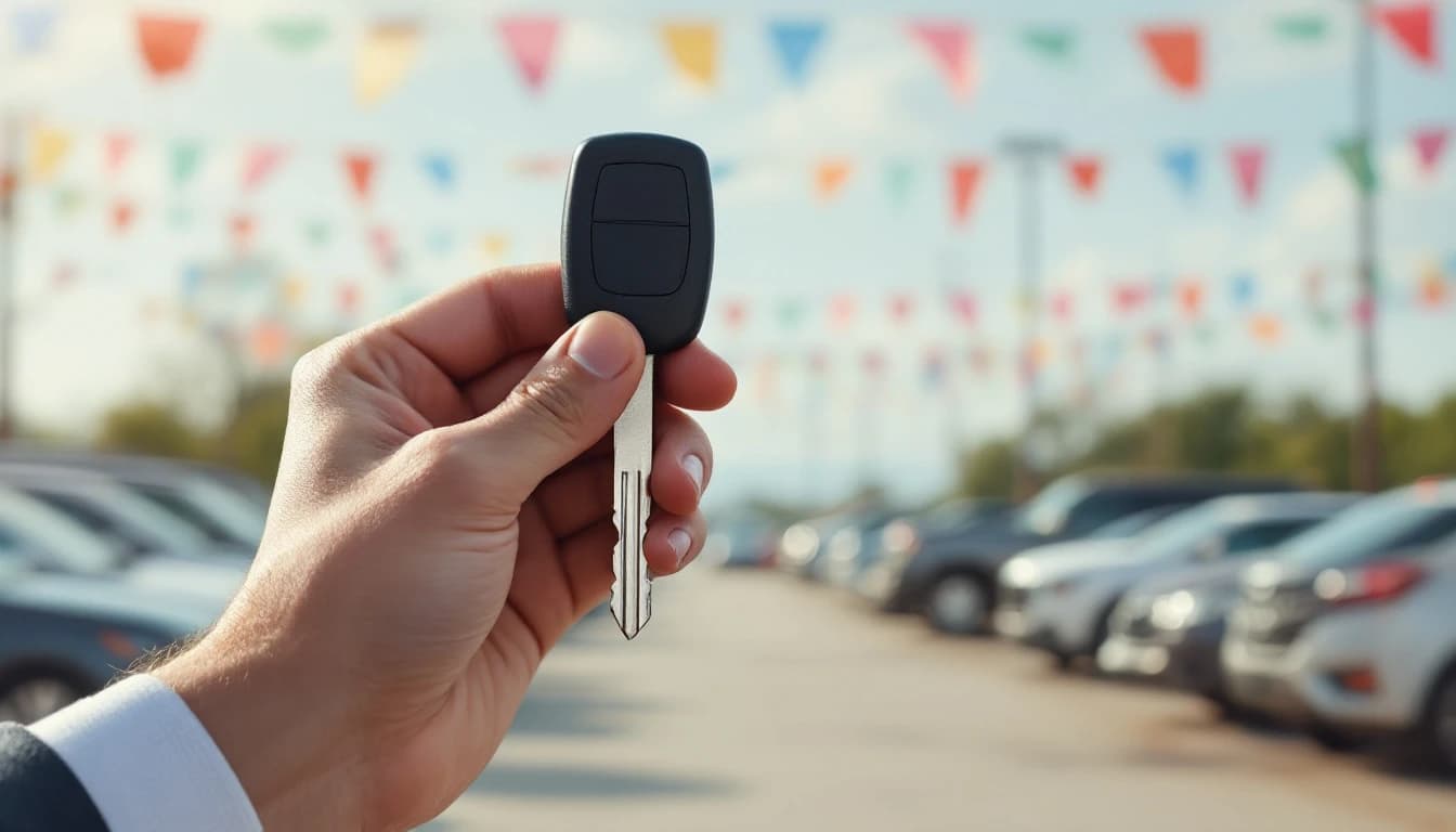 Mano sosteniendo una sola llave de carro frente a un lote de carros usados con banderines de colores
