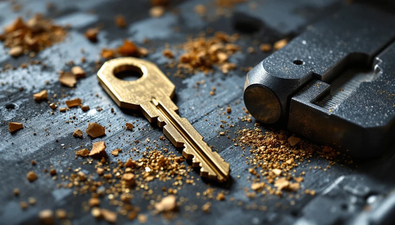 Llave de latón recién cortada sobre un banco de trabajo, rodeada de virutas de metal junto a una herramienta de medición