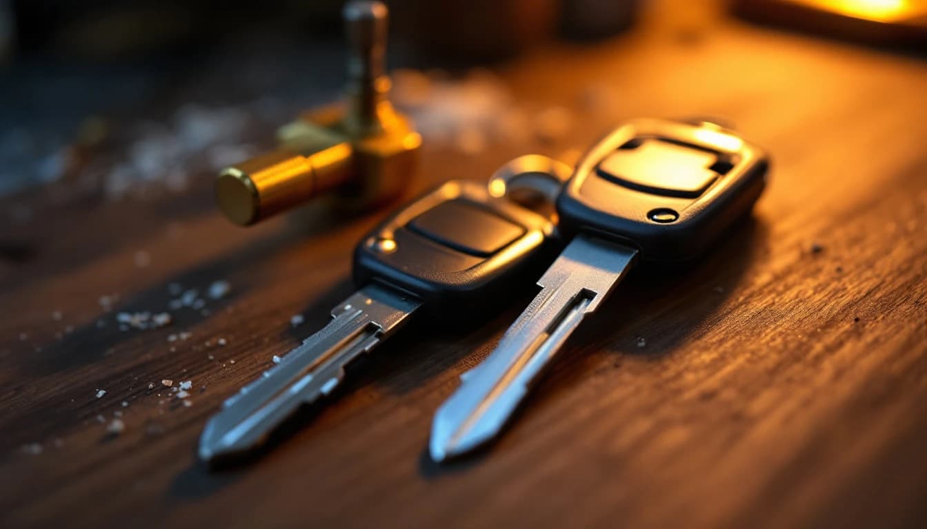 Dos llaves de carro plegables abiertas sobre una mesa de trabajo, una original y una copia recién cortada, con la hoja metálica extendida