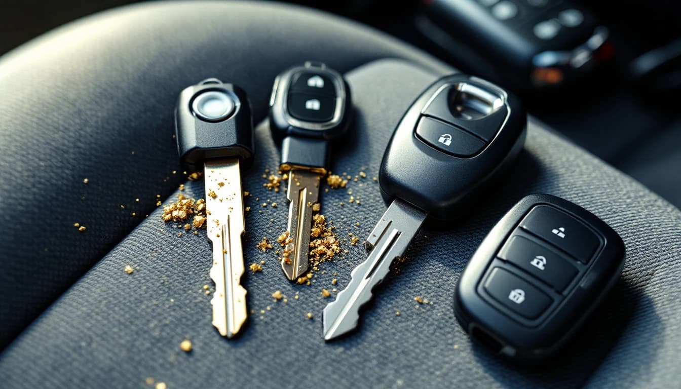 Tres llaves de carro recién cortadas y programadas sobre el asiento de un vehículo durante una visita de cerrajero móvil en Dallas, Texas