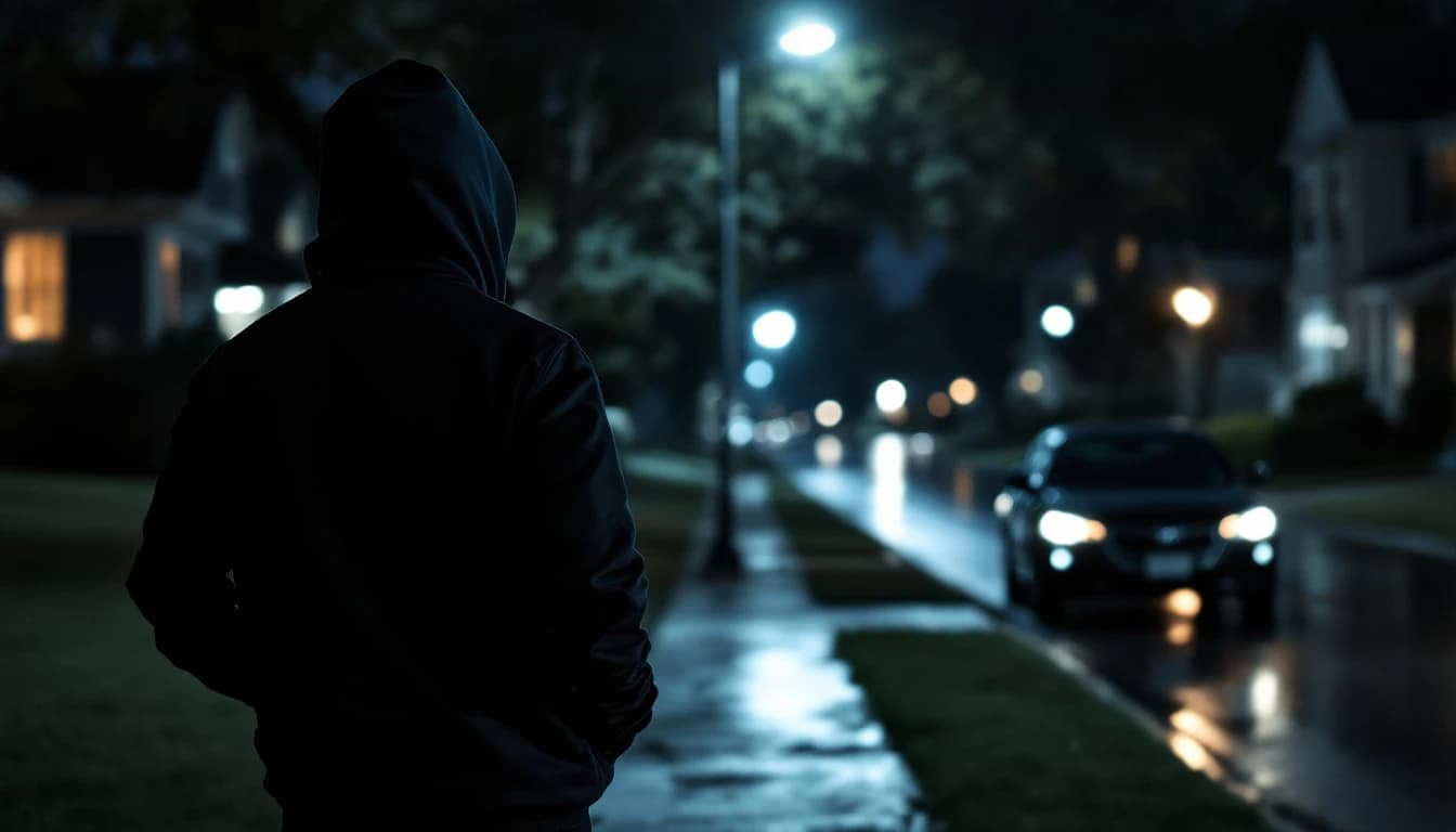 Persona con capucha revisando el bolsillo vacío en una acera residencial de Dallas de noche con un carro oscuro estacionado al fondo