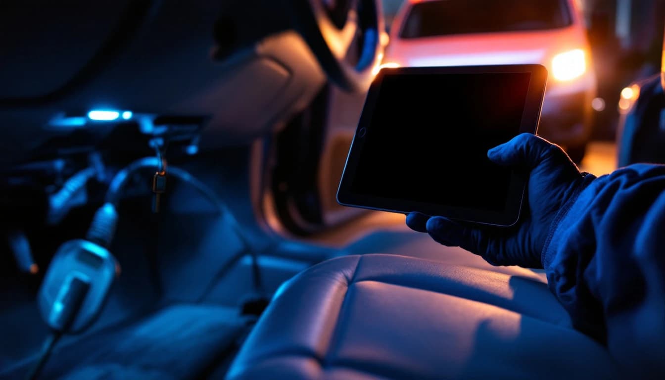 Técnico con guantes sostiene una tableta de diagnóstico junto al cable conectado bajo el tablero de un carro, de noche