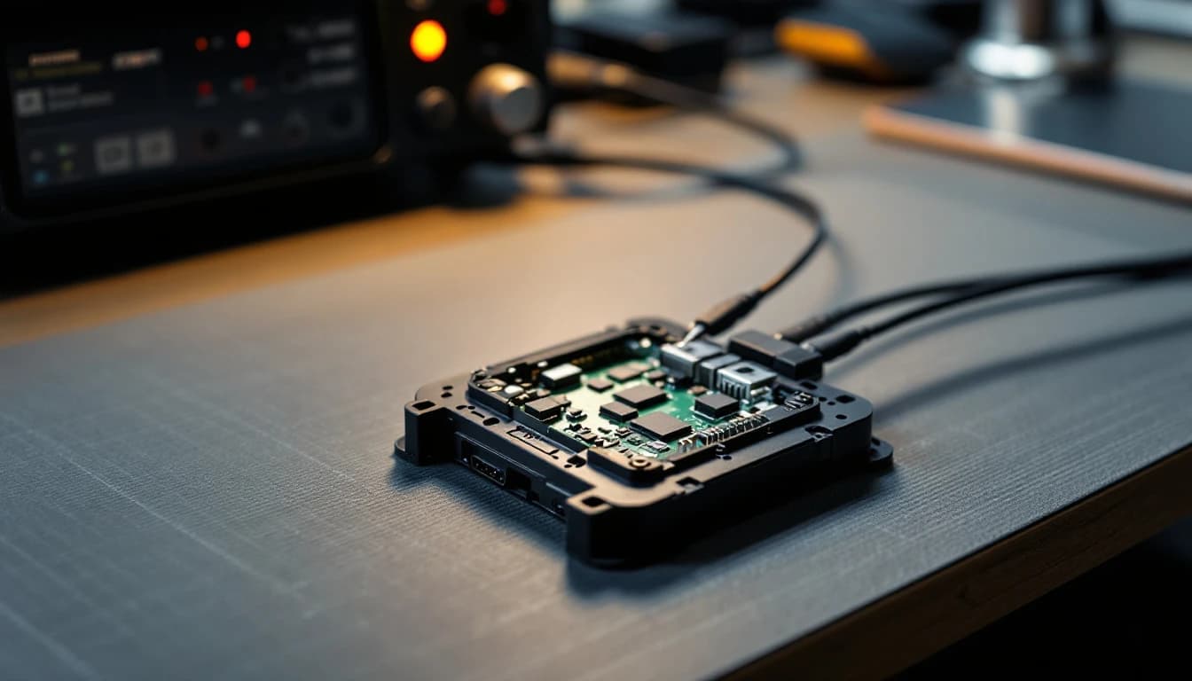 Módulo electrónico de carro con la tapa retirada sobre un banco de trabajo, conectado por cables a un equipo de programación