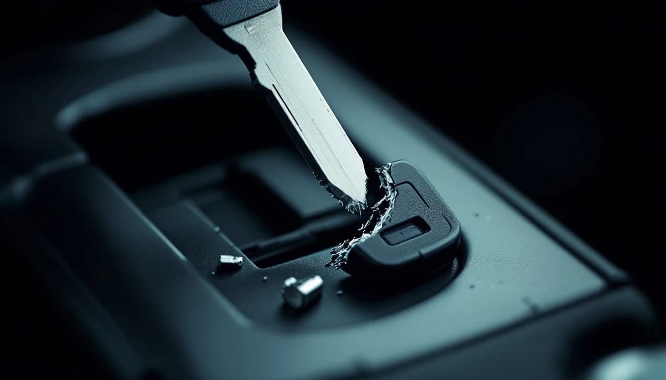 Hoja metálica de una llave de carro partida junto a la cabeza negra de la llave, con pequeños fragmentos de metal sobre la consola