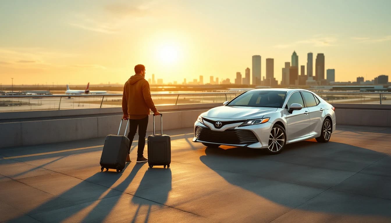 Toyota Camry en la torre de estacionamiento del aeropuerto Love Field mientras un cerrajero móvil programa una llave nueva