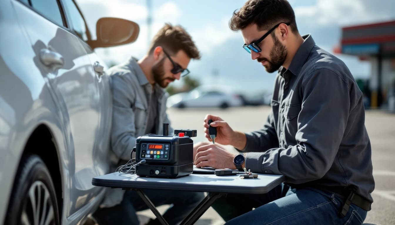 Cerrajero automotriz cortando y programando una llave con chip para un Hyundai Tucson frente a una casa en Carrollton Texas