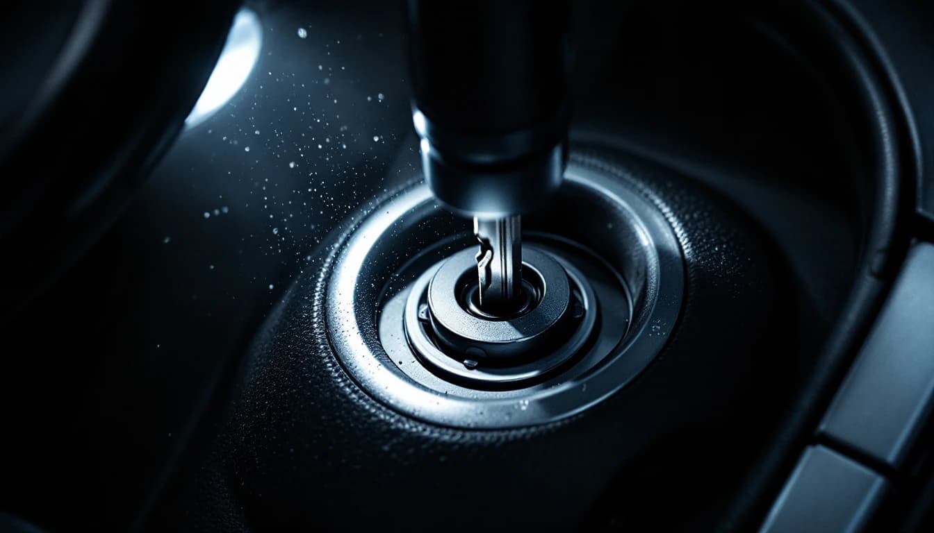 Llave metálica sin marcas dentro de un cilindro de encendido, iluminada por una linterna en el interior oscuro de un carro