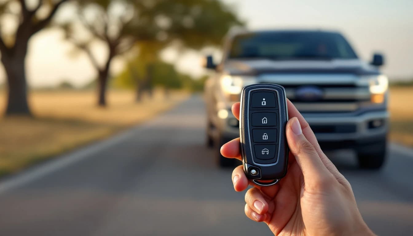 Mano sosteniendo una llave de repuesto tipo flip frente a una troca Chevrolet Silverado estacionada en una calle del norte de Texas