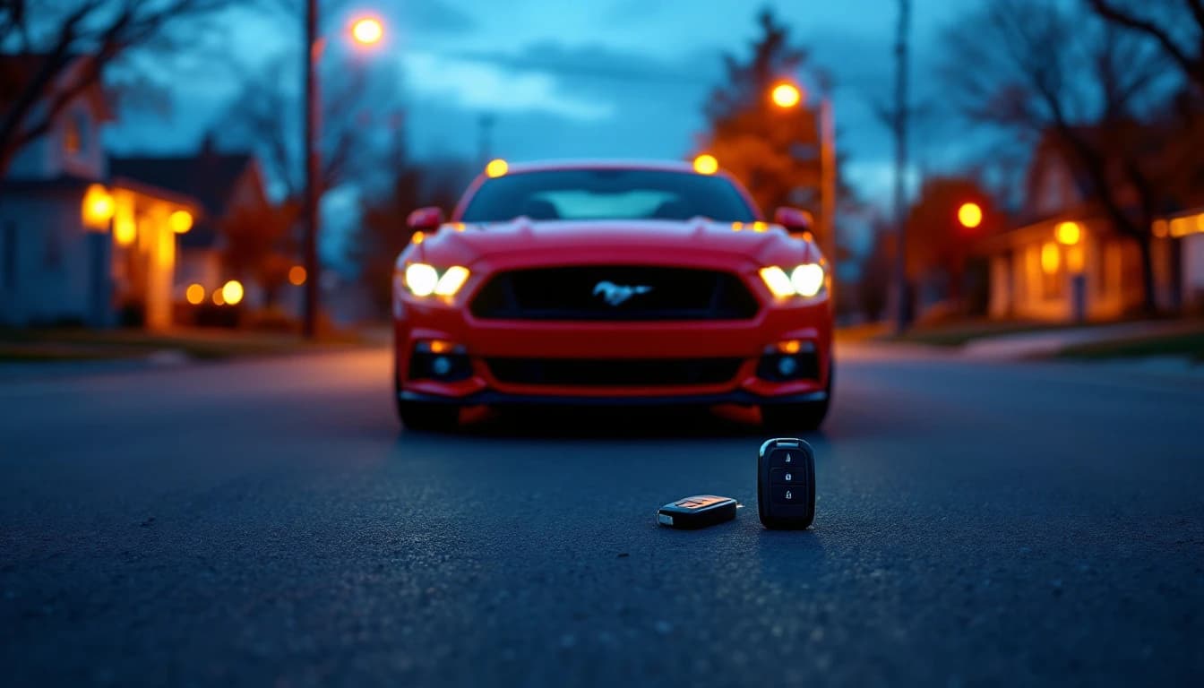 Llave inteligente de un Ford Mustang S550 apoyada sobre el tablero durante un servicio móvil de programación en Mesquite, Texas
