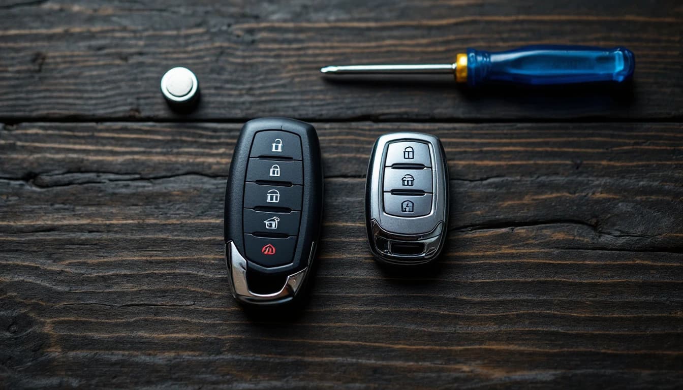 Llave inteligente y llave de hoja con control integrado de un Hyundai Kona durante un servicio móvil de duplicado en Farmers Branch, Texas