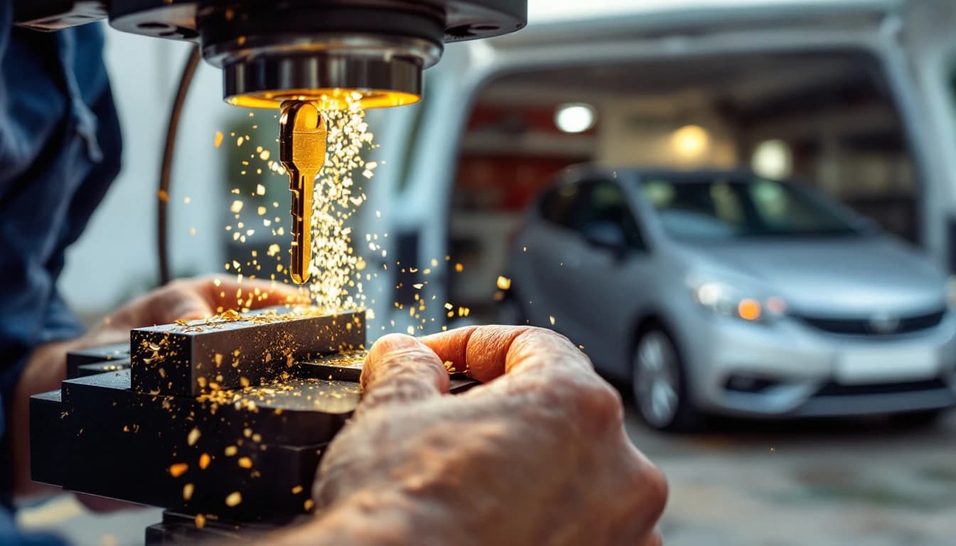 Llave con chip y smart key de Kia Forte junto al equipo de programación de un cerrajero móvil en Pleasant Grove, Dallas