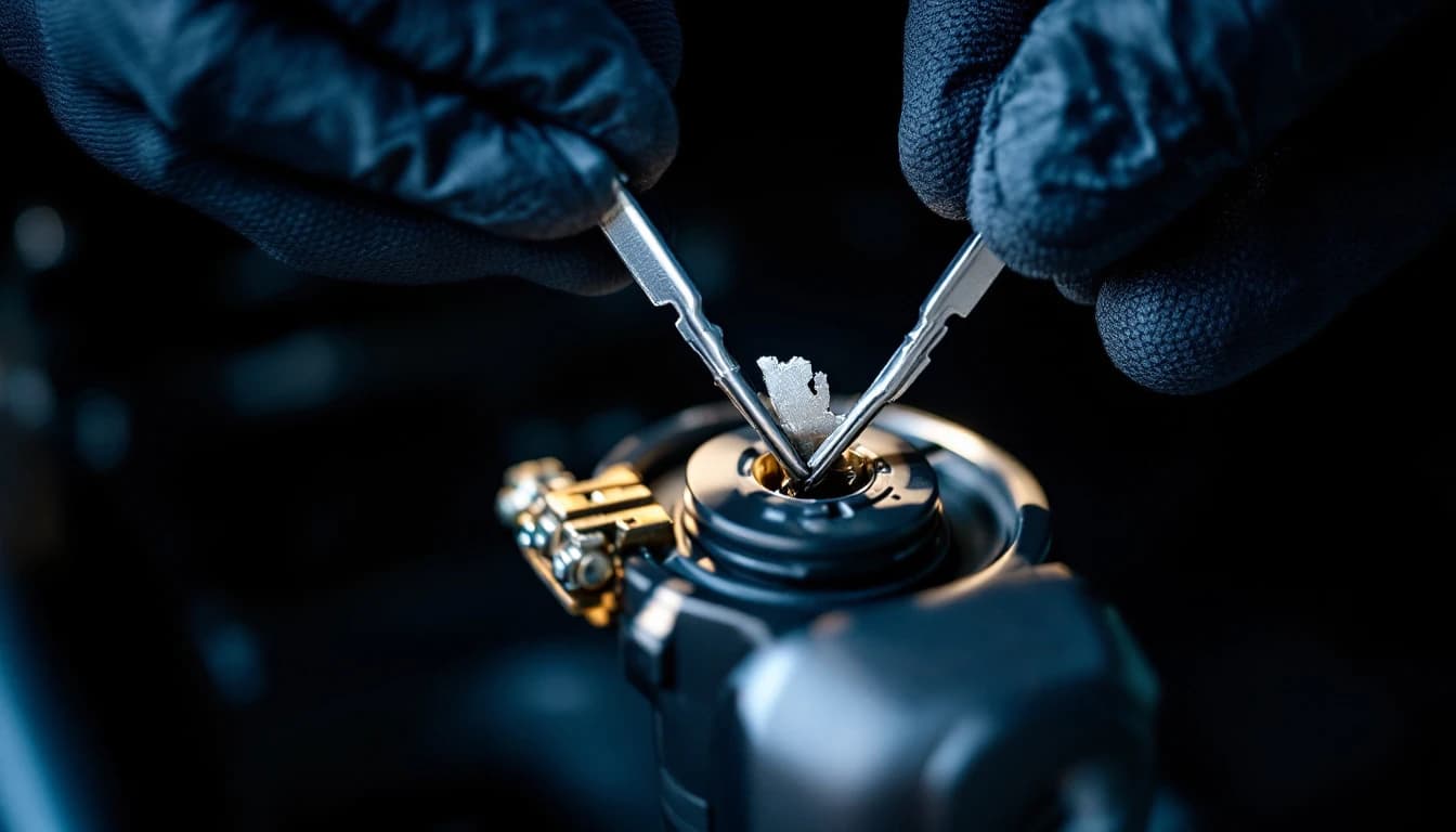 Técnico extrae con herramienta especializada la mitad de una llave rota del cilindro de encendido de un vehículo en Dallas, Texas