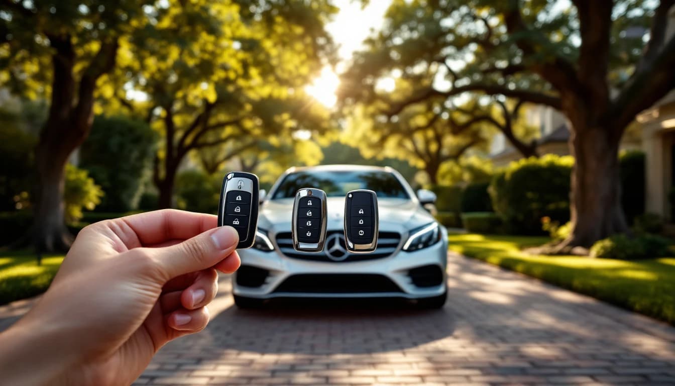 Llave inteligente de un Mercedes-Benz C300 W205 sobre el tablero durante un servicio de segunda llave en Highland Park, Texas