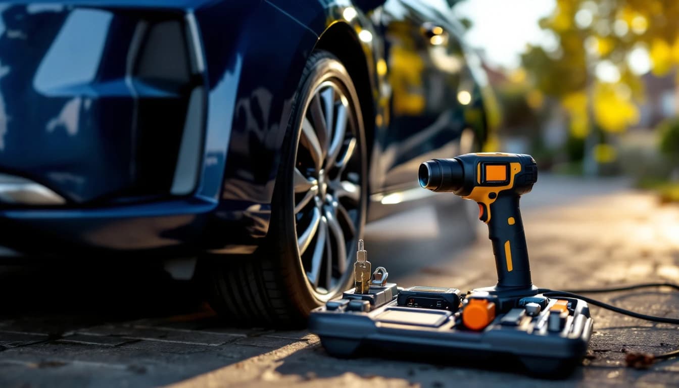 Intelligent Key de Nissan y equipo de programación de un cerrajero móvil trabajando en un vehículo en Garland TX