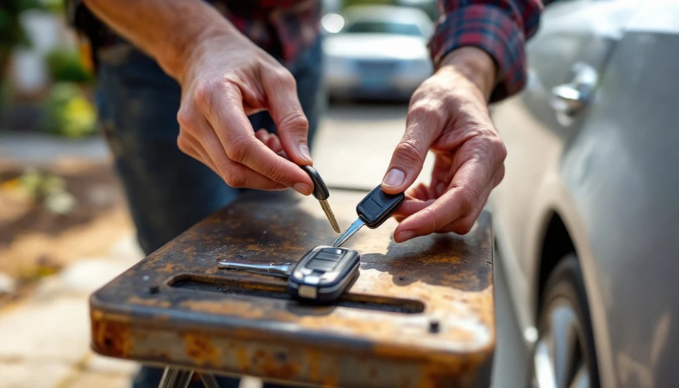 Dos llaves de carro con chip sobre una mesa junto a un cortador de llaves en un taller de cerrajería en Dallas