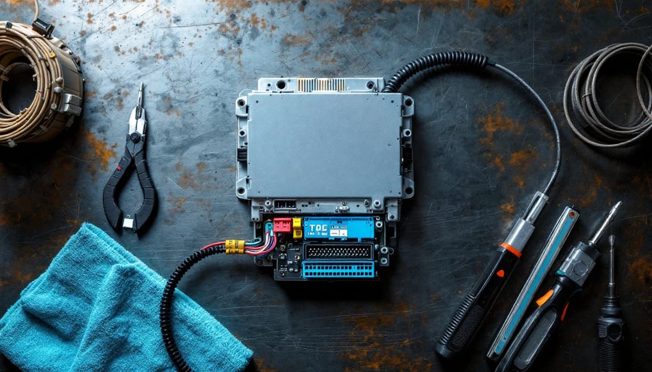 Computadora PCM usada de una Chevrolet Silverado conectada al equipo de programación de un cerrajero móvil en Mesquite TX