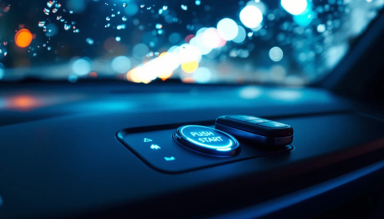 Intelligent Key de Nissan Rogue junto al botón de arranque durante una programación de llave en servicio móvil en Garland, Texas