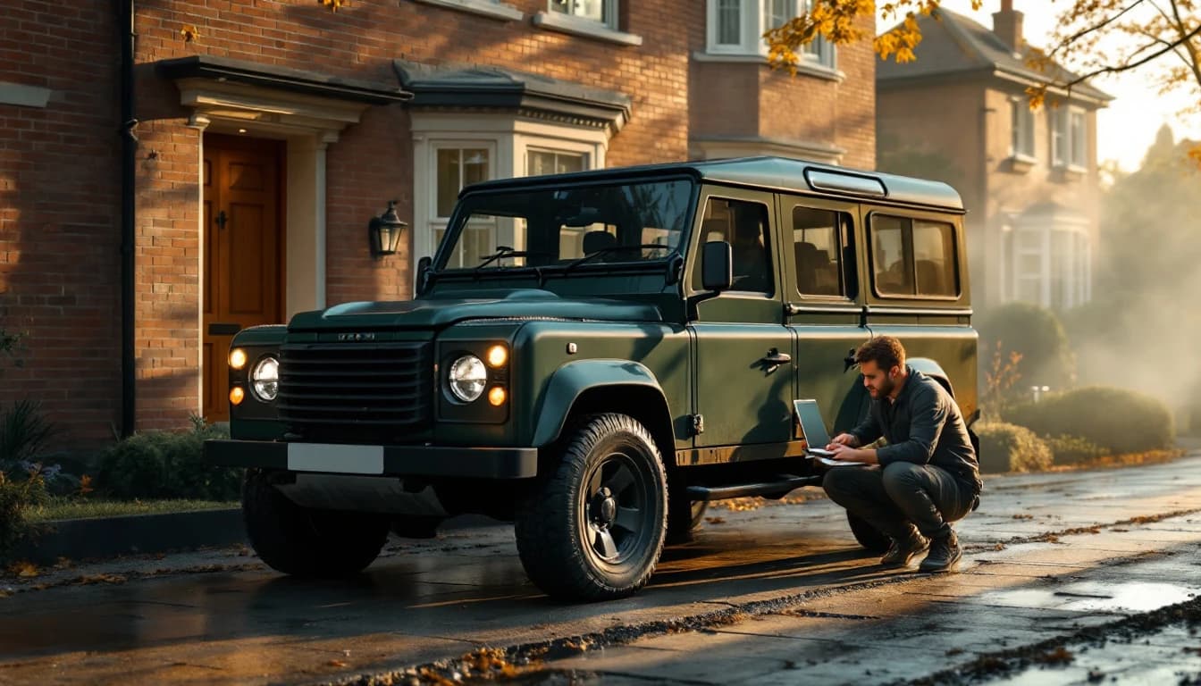 Técnico con equipo de diagnóstico conectado a un Land Rover Defender L663 en una entrada residencial de University Park