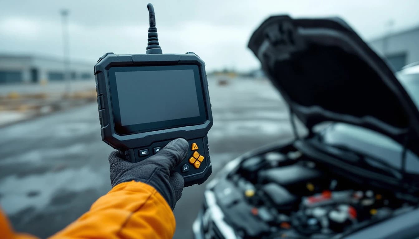Técnico con escáner de diagnóstico frente al cofre abierto de una Ford Explorer durante una programación de módulo PCM en Arlington, Texas
