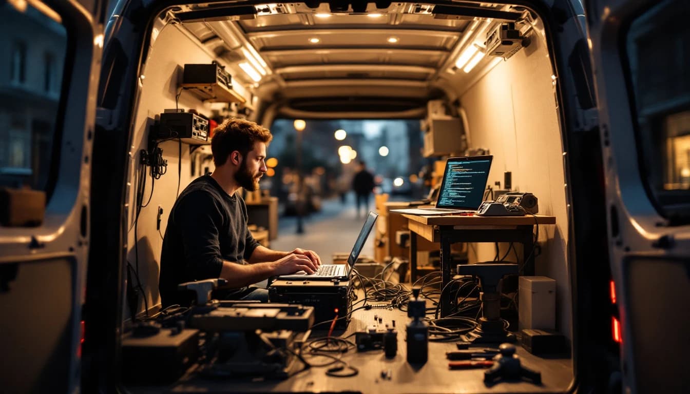 Técnico conectando equipo de programación al puerto de diagnóstico de un vehículo para emparejar una computadora por VIN en Dallas, Texas