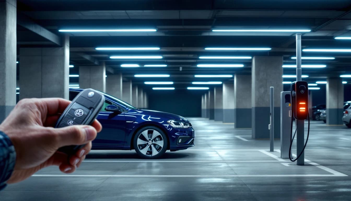 Llave de Volkswagen Golf junto a un equipo de programación durante un servicio móvil en Irving, Texas