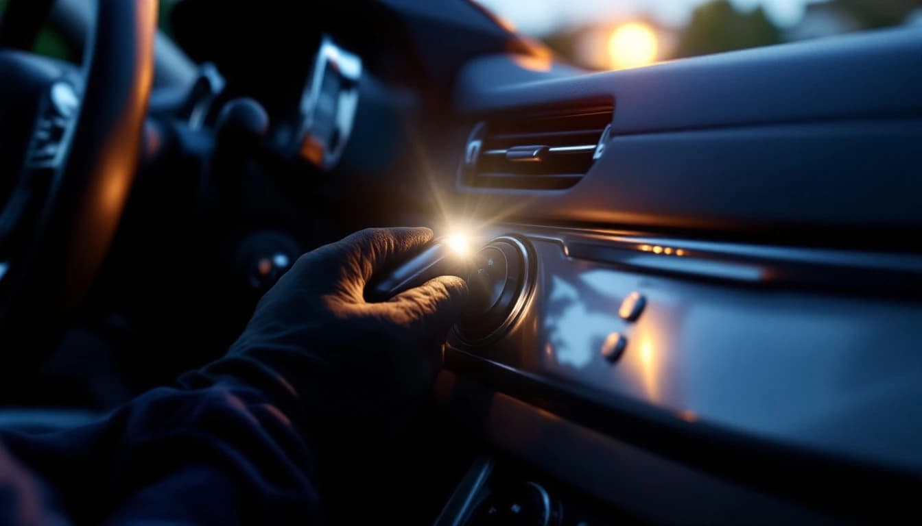 Consola y botón de arranque de un Porsche Cayenne durante un diagnóstico de encendido con equipo de cerrajero móvil en Preston Hollow, Dallas