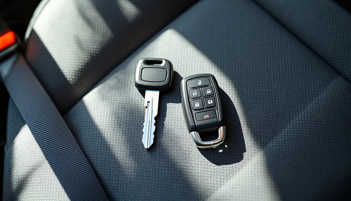 Dos llaves de carro sobre el asiento del conductor, una con el chip visible, durante un diagnóstico de inmovilizador en Dallas, Texas