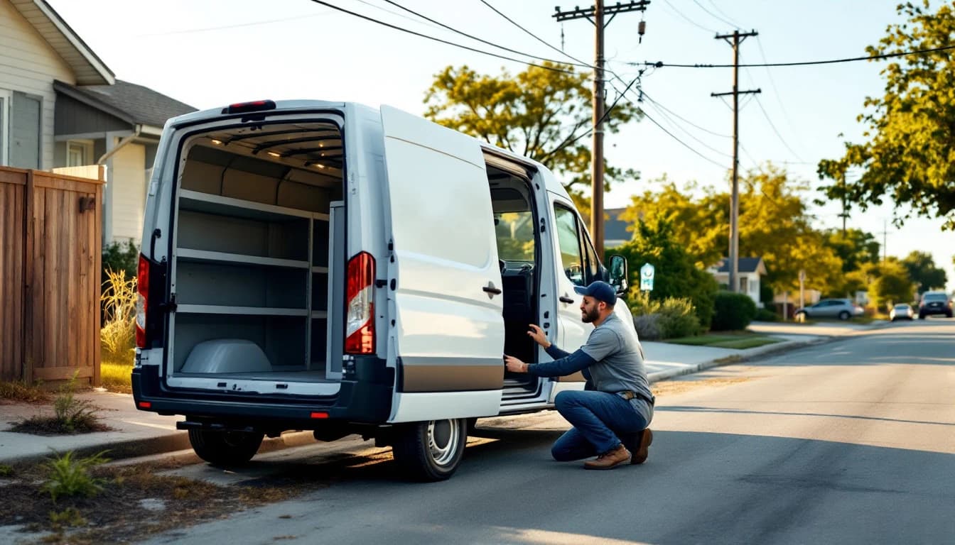 Técnico cerrajero programando una llave nueva en una Ford Transit Connect blanca durante un servicio móvil en Pleasant Grove, Dallas