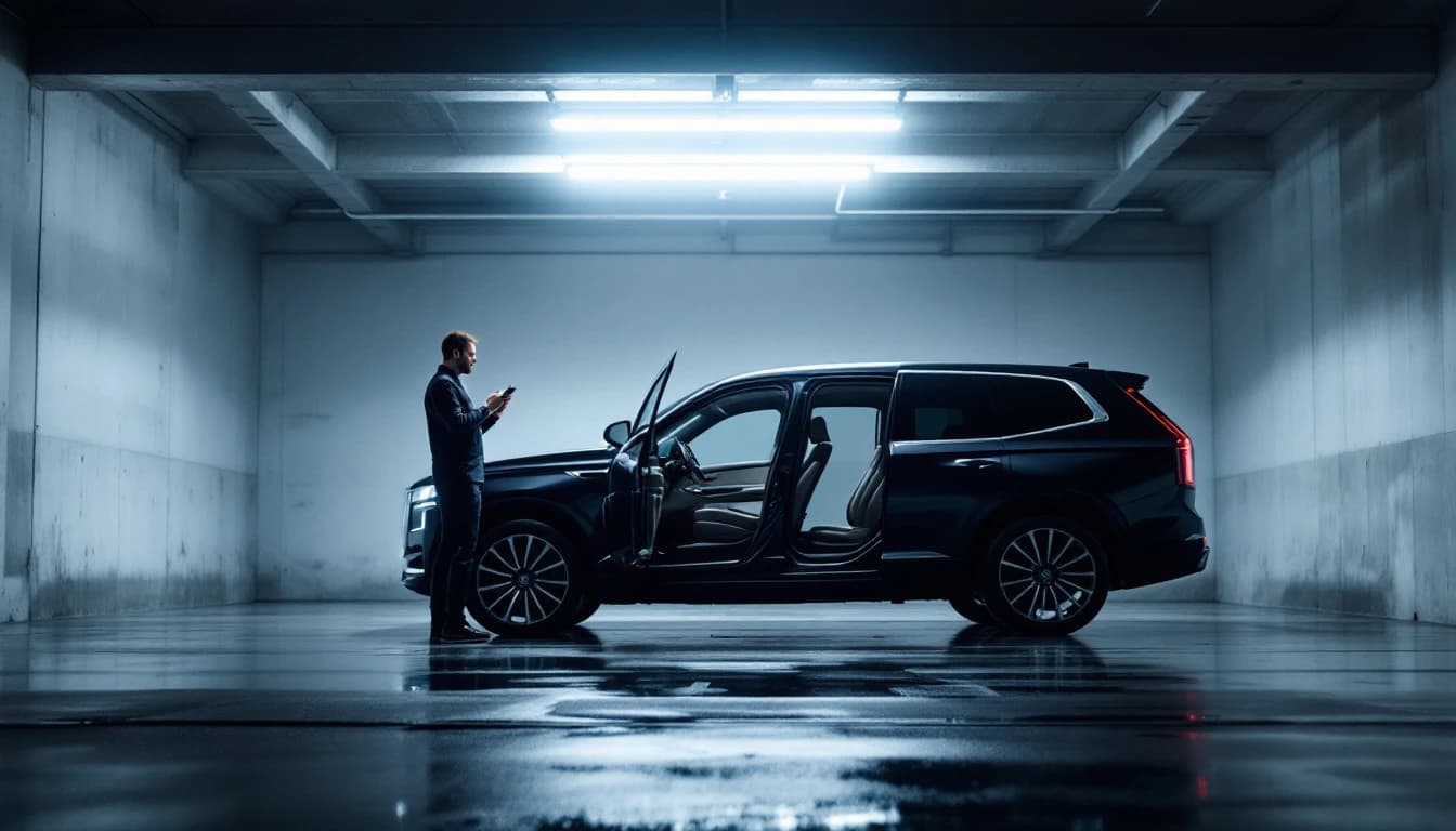 Unidad móvil de cerrajería programando una Intelligent Key de Infiniti QX80 en un estacionamiento de Las Colinas, Irving, Texas